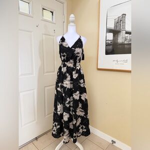 Floral V-Neck Black Maxi Dress with Cream Blossoms Smocked Waist Size Small